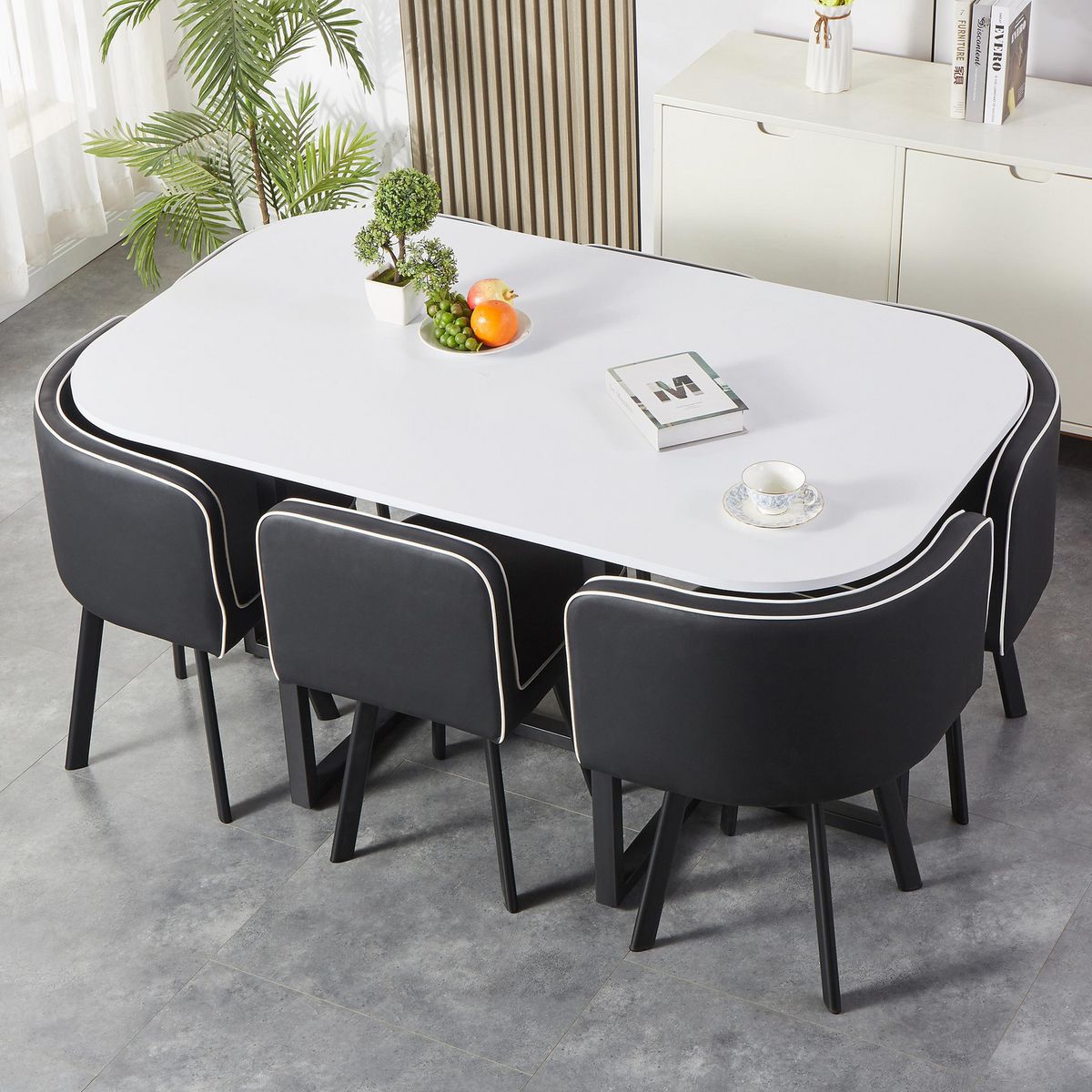 JUST HOME COLLECTION - Juego de Comedor Pizza 6 Sillas Mesa Rectangular 90x75x150 cm Blanco/Negro