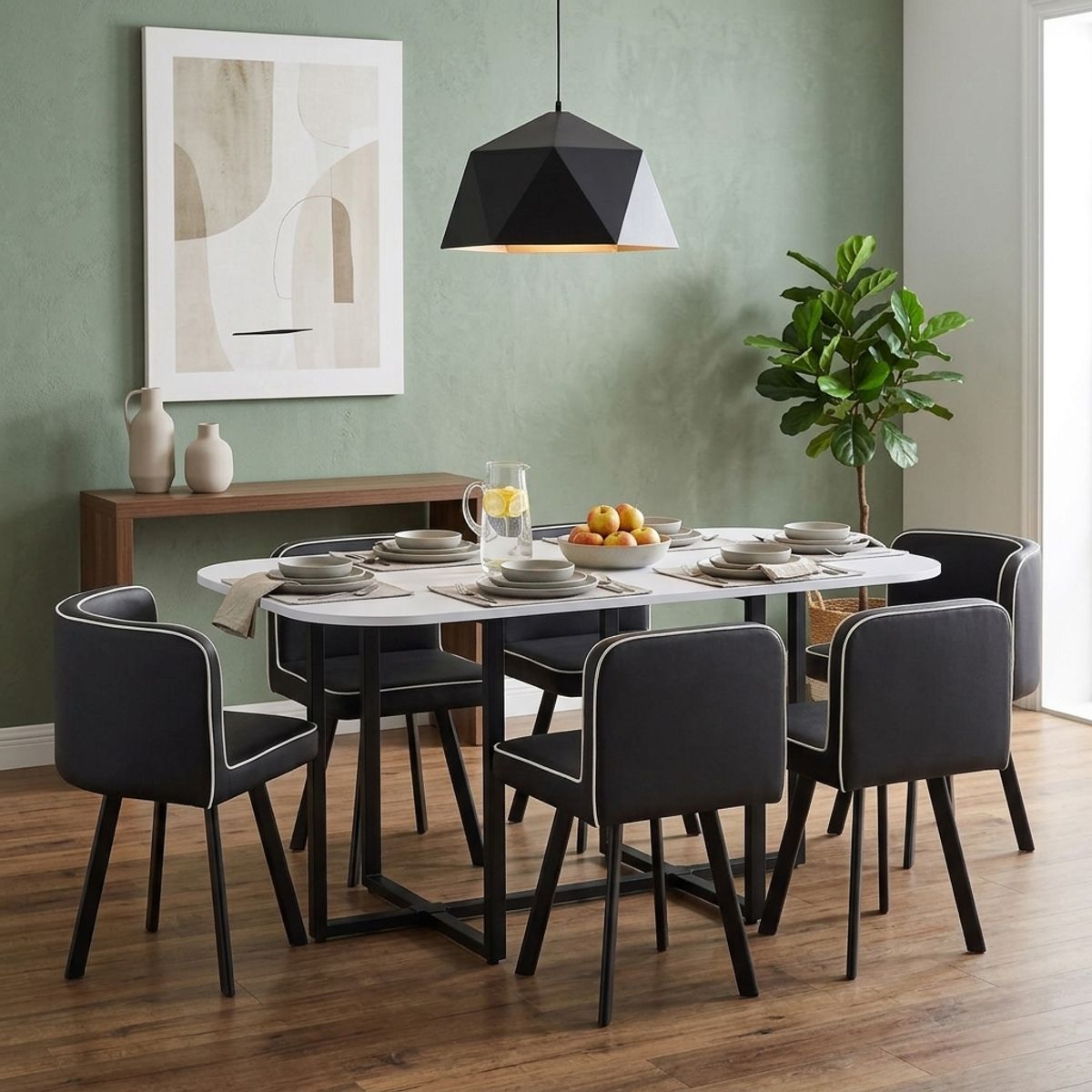 JUST HOME COLLECTION - Juego de Comedor Pizza 6 Sillas Mesa Rectangular 90x75x150 cm Blanco