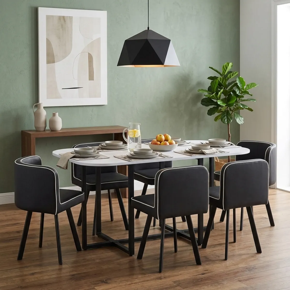 JUST HOME COLLECTION - Juego de Comedor Pizza 6 Sillas Mesa Rectangular 90x75x150 cm Blanco