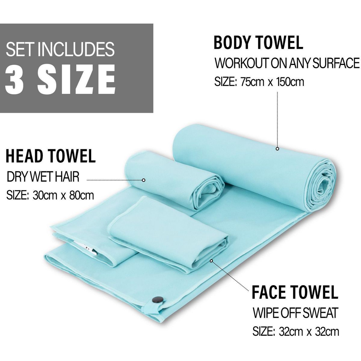 JUST HOME COLLECTION - Set 3 Toallas Gym 200 gr Poliéster 75x150 cm Turquesa