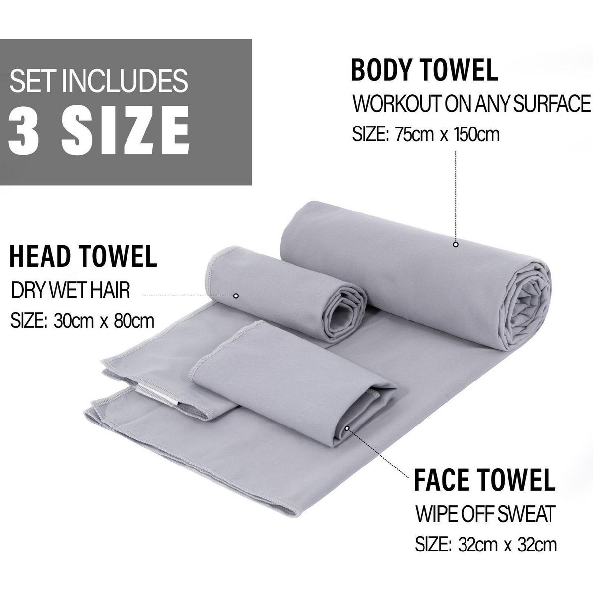 JUST HOME COLLECTION - Set 3 Toallas Gym 200 gr Poliéster 75x150 cm Gris