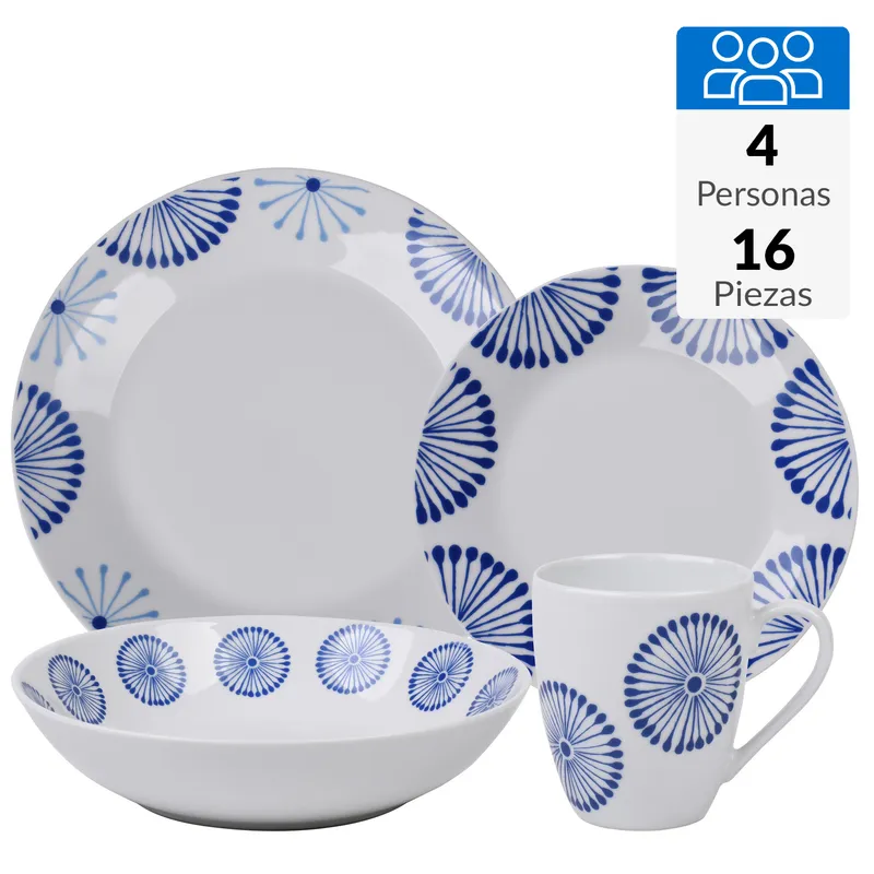 JUST HOME COLLECTION - Juego de Loza 16 Piezas Porcelana Blanco, Azul