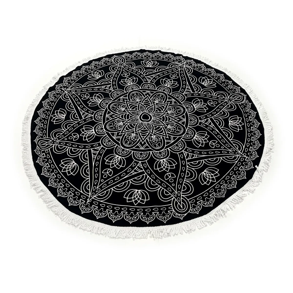 KLIMBER - Toalla Playa Redonda Mandala 230 gr Microfibra 150x150 cm Blanco/Negro