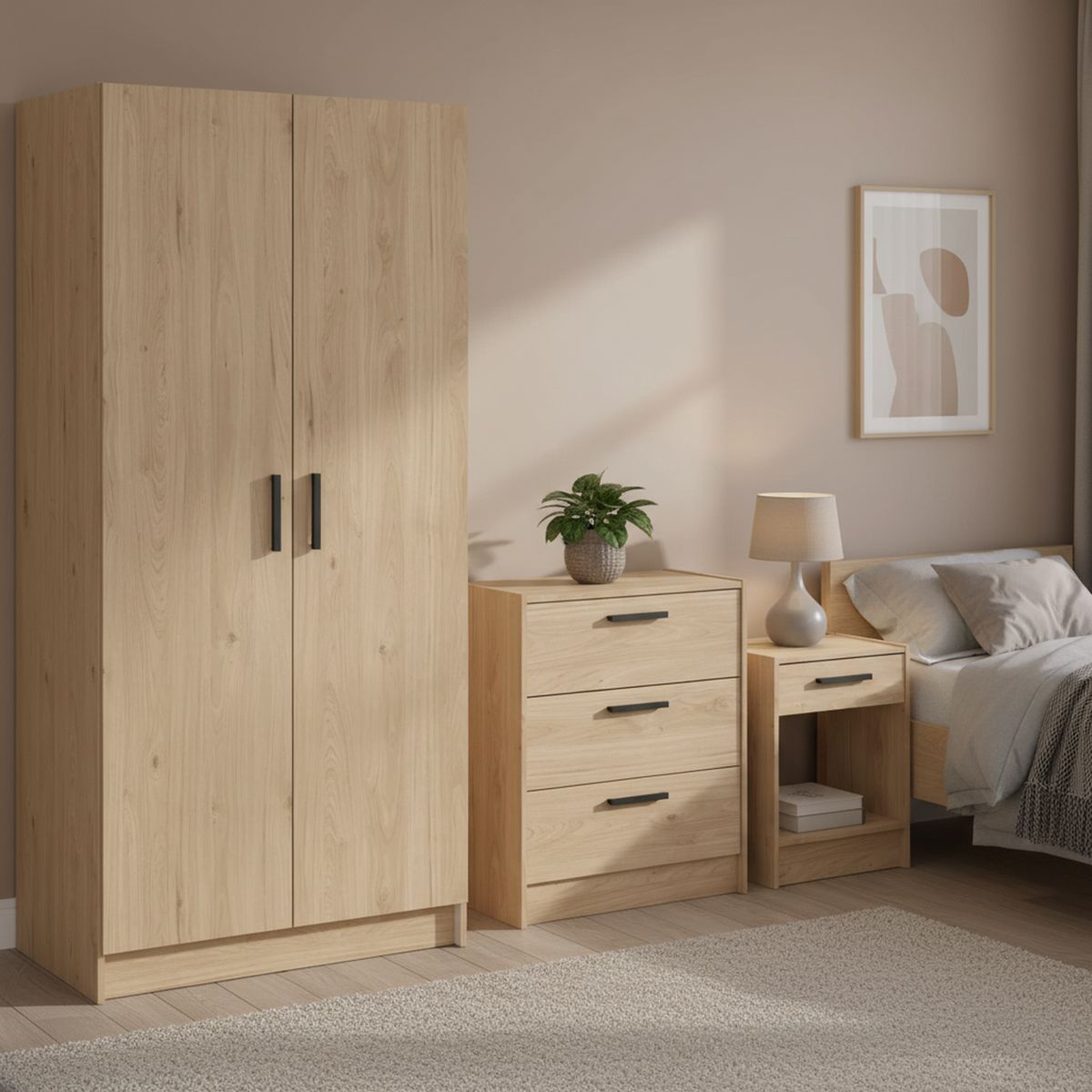 TVILUM - Closet + Velador + Cómoda Río Color Roble