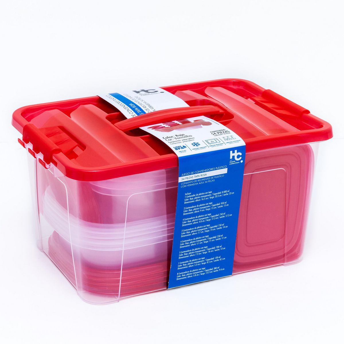 JUST HOME COLLECTION - Juego Contenedores Plásticos 54 Piezas Tapa Roja