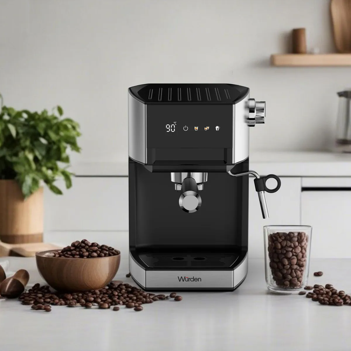 WURDEN - Cafetera Programable Espresso 1.2 l 1250 W Negro/ Plateado