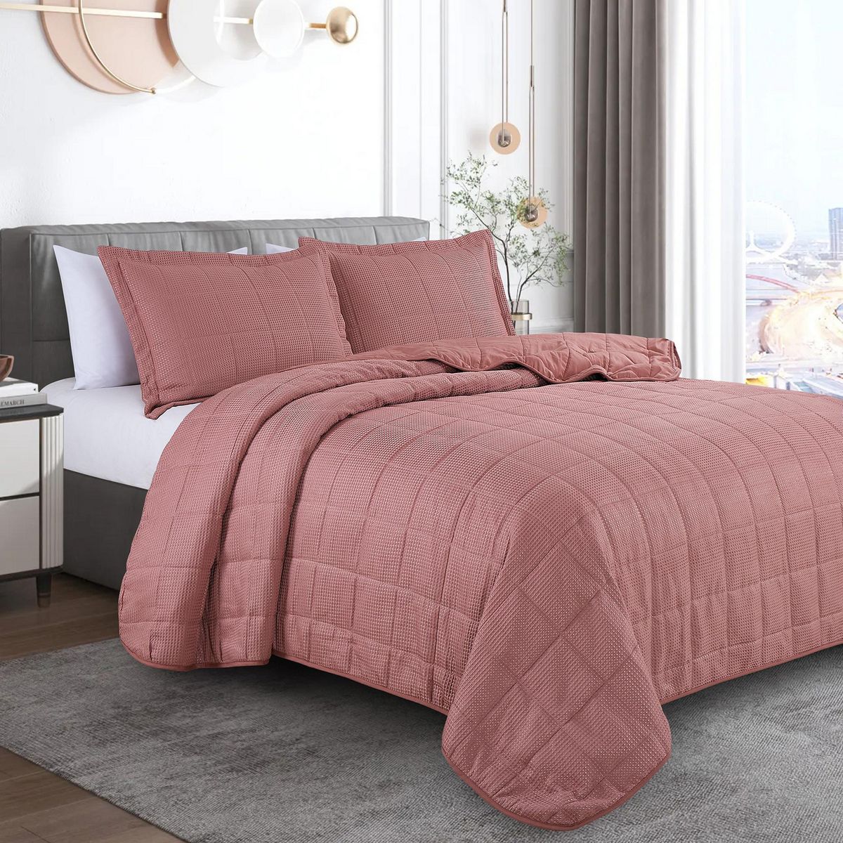 JUST HOME COLLECTION - Quilt 2 plazas Waffle Cuadrado Rosado 