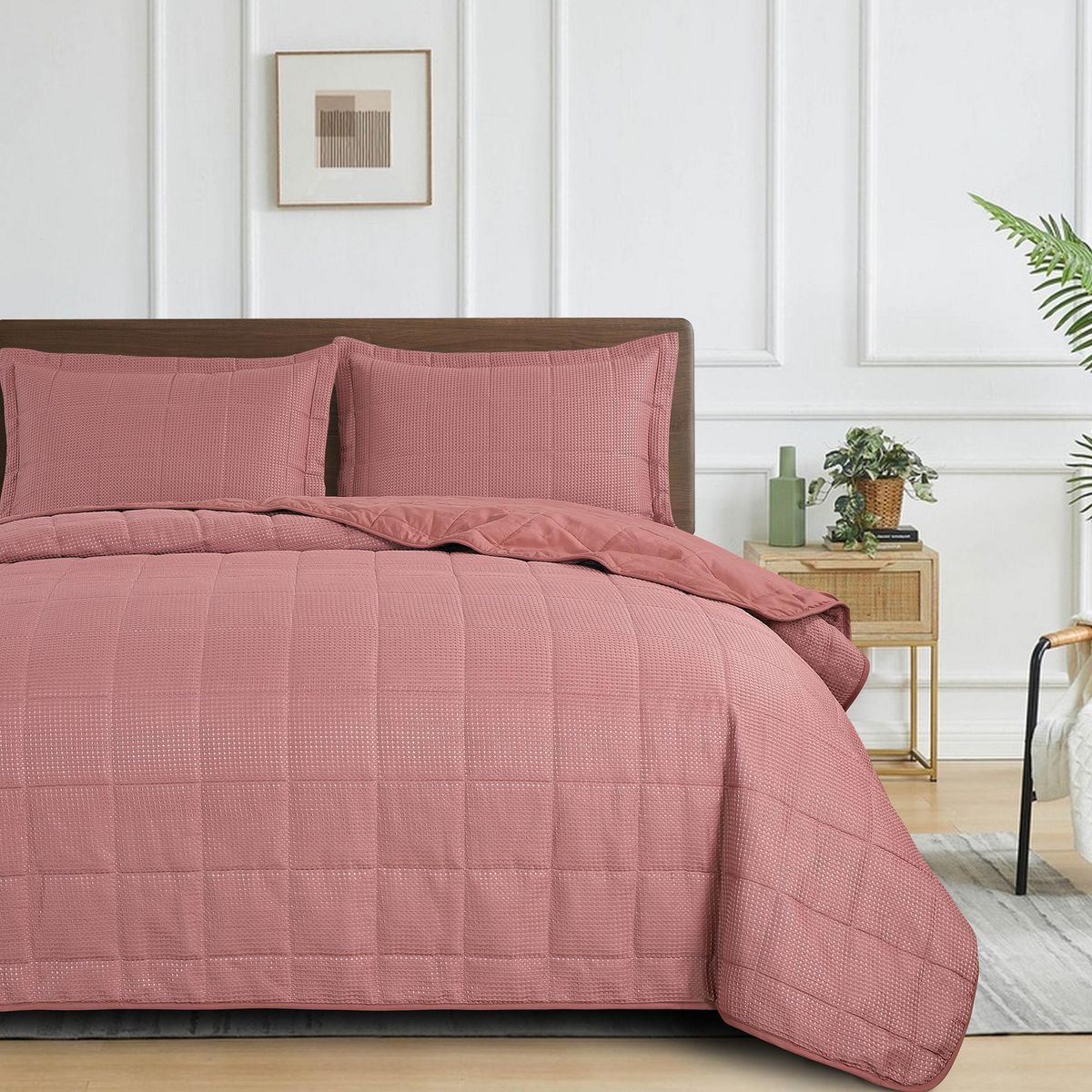JUST HOME COLLECTION - Quilt 2 plazas Waffle Cuadrado Rosado 