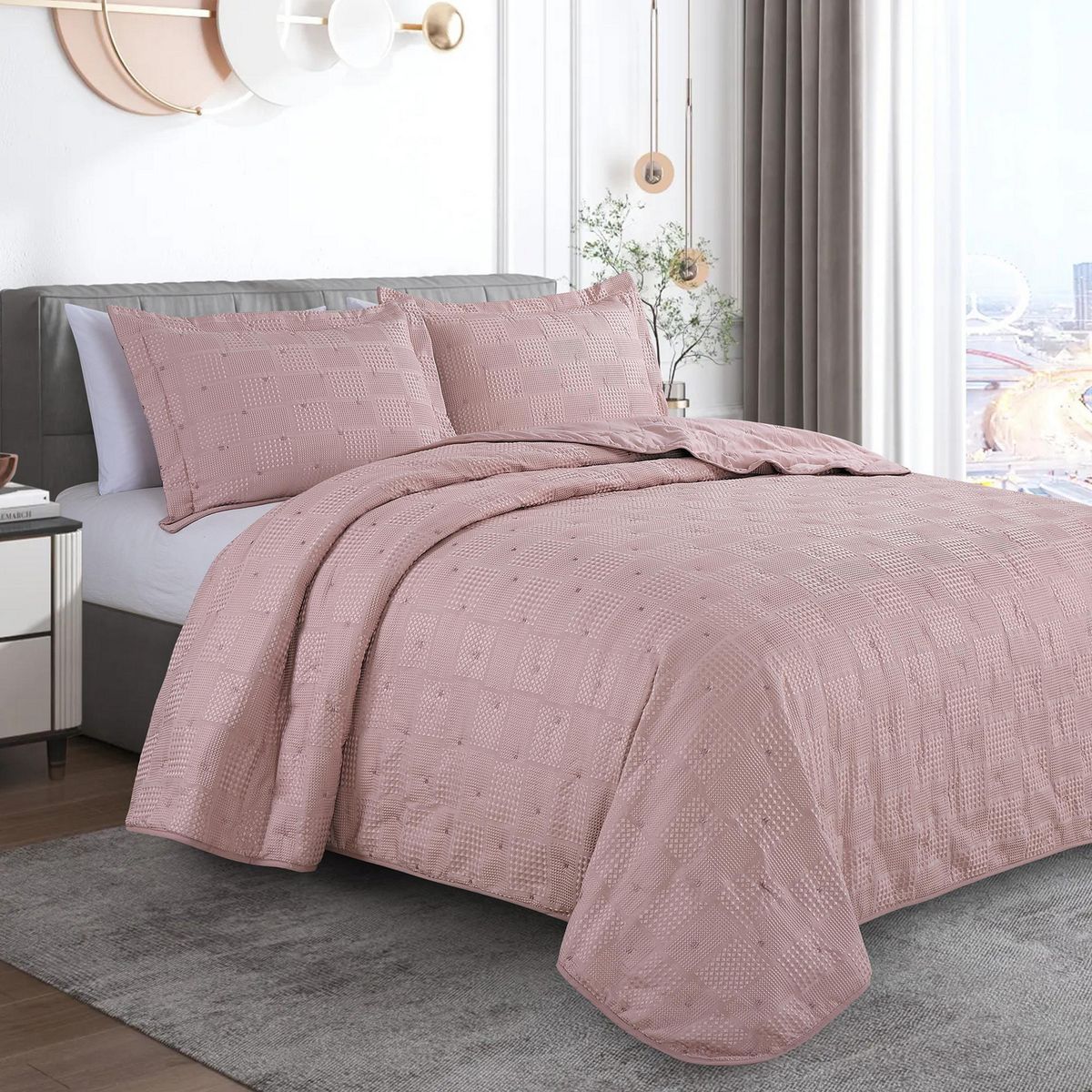 JUST HOME COLLECTION - Quilt 2 plazas Waffle Geo Rosado 