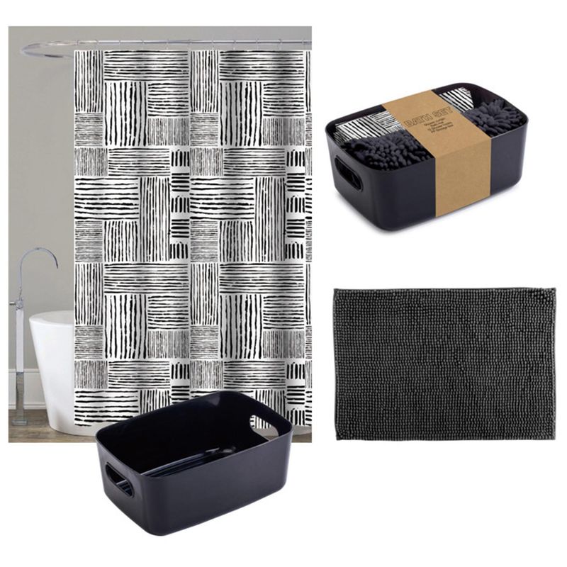 JUST HOME COLLECTION - Set Baño Cortina con Argollas + Limpiapies + Cesta Negro
