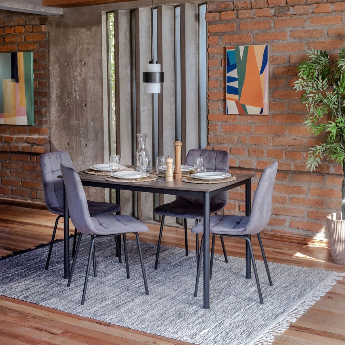 JUST HOME COLLECTION - Juego de Comedor Arty 4 Sillas Mesa Rectangular 120x70x74,8 cm Negro, madera