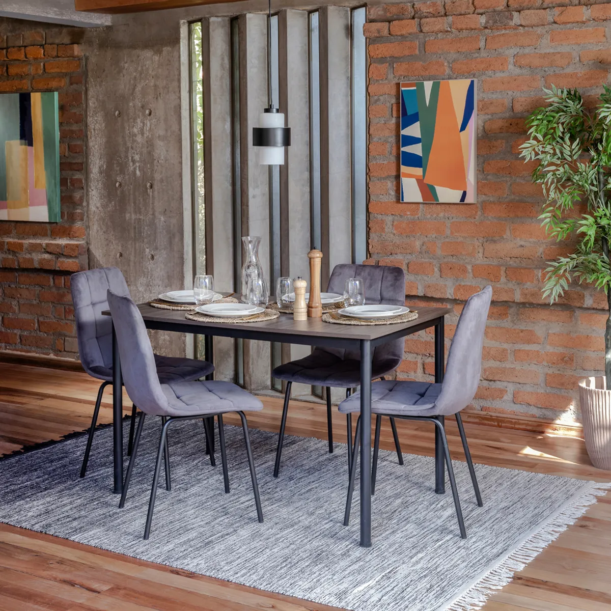 JUST HOME COLLECTION - Juego de Comedor Arty 4 Sillas Mesa Rectangular 120x70x74,8 cm Negro, madera