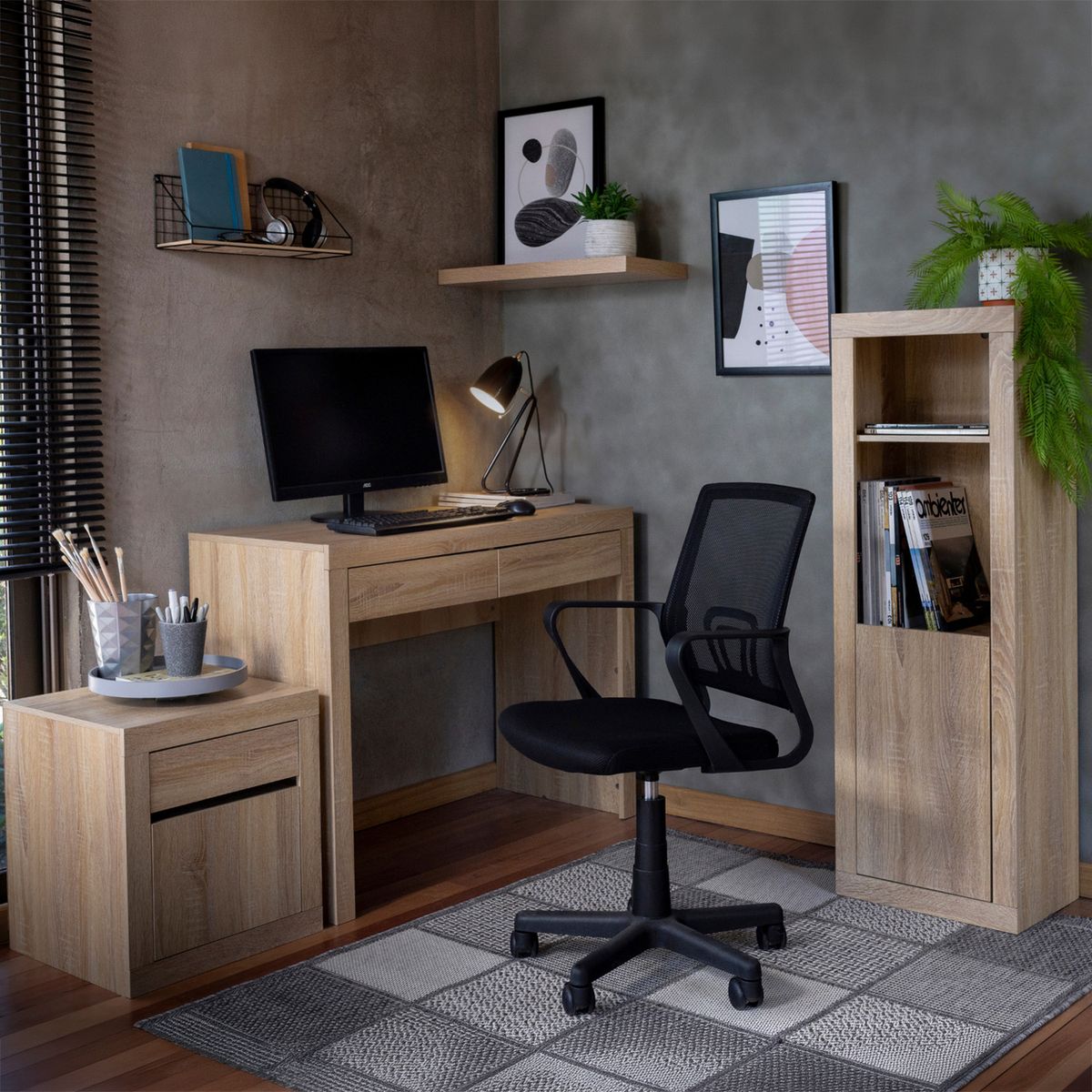 JUST HOME COLLECTION - Escritorio + Librero + Cajonera Lida Roble 40X120X29 Cm