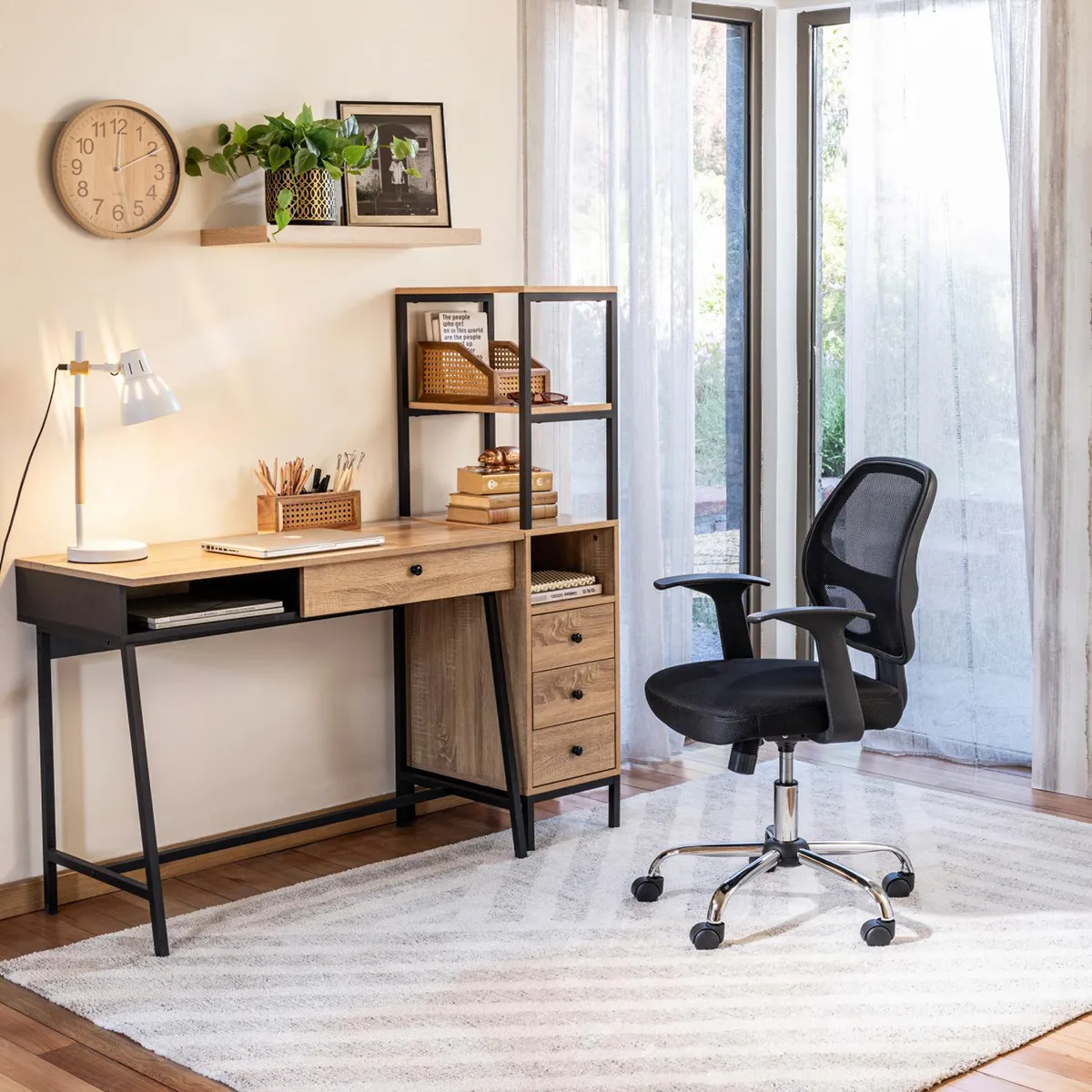 JUST HOME COLLECTION - Combo escritorio Santana Madera/Negro 100x130x45 cm