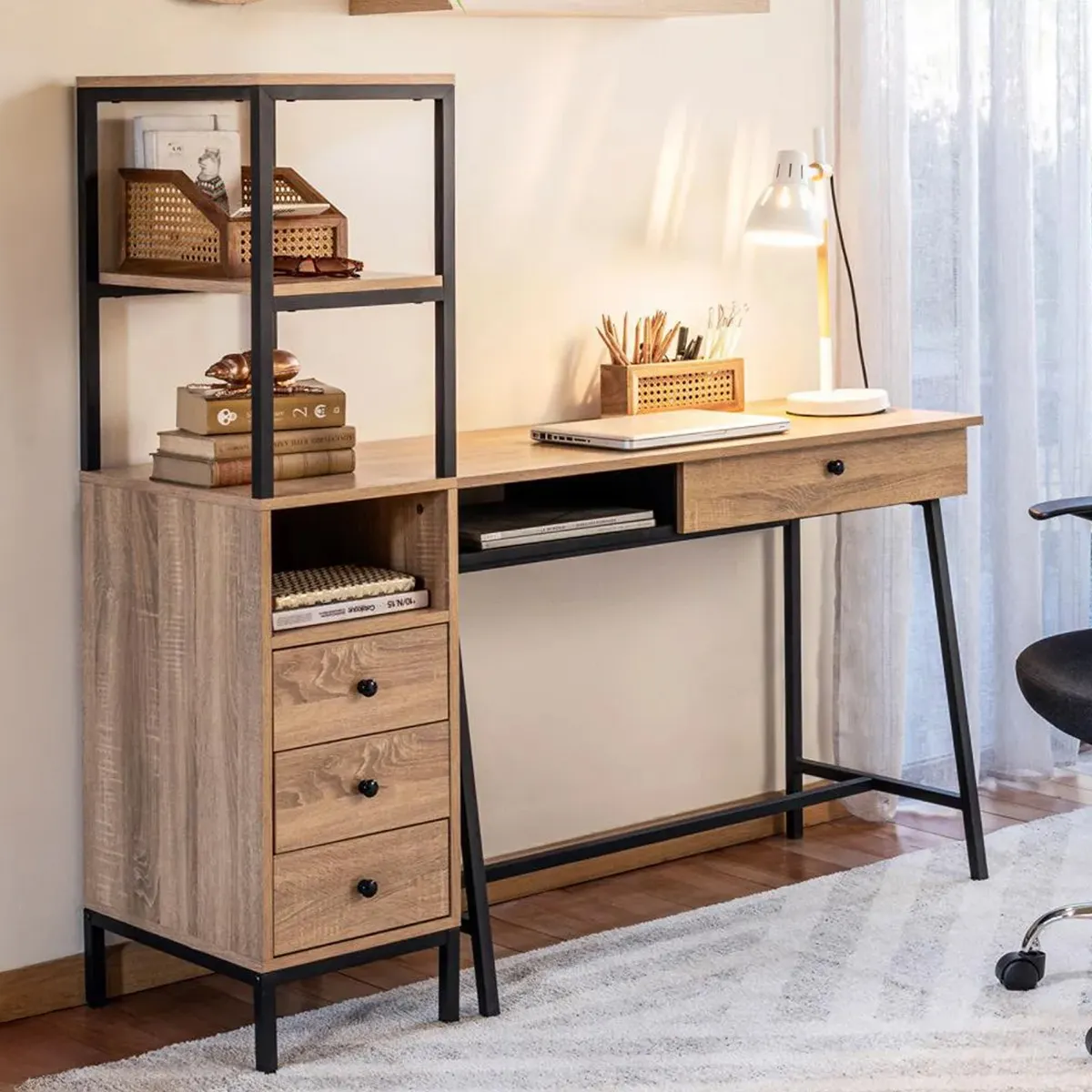 JUST HOME COLLECTION - Escritorio + Estante Santana Madera/Negro 100X130X45 Cm