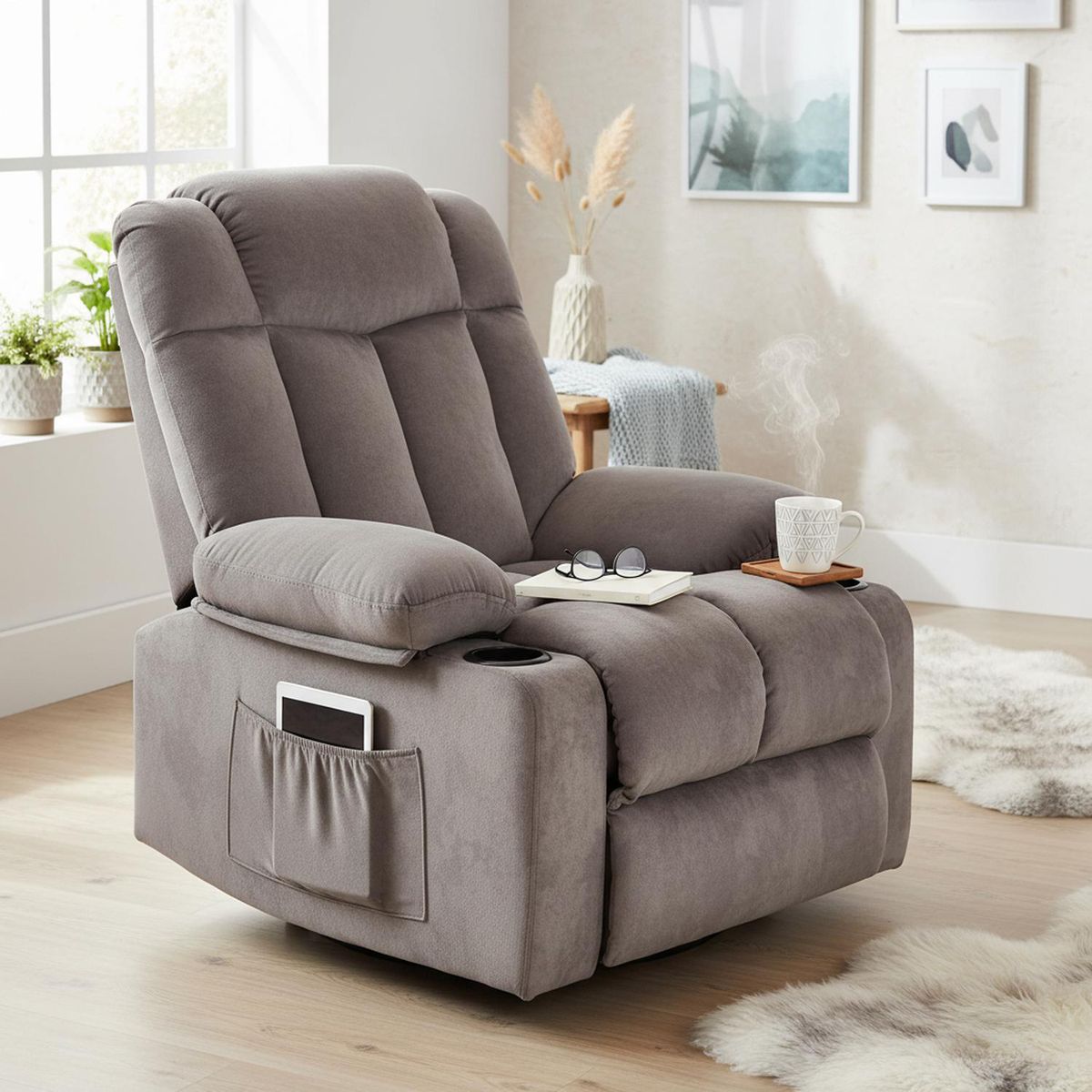 JUST HOME COLLECTION - Sillón Bergere Reclinable Mecedor Giro 360 1 cuerpo Telsiai 90x101x164 cm Café