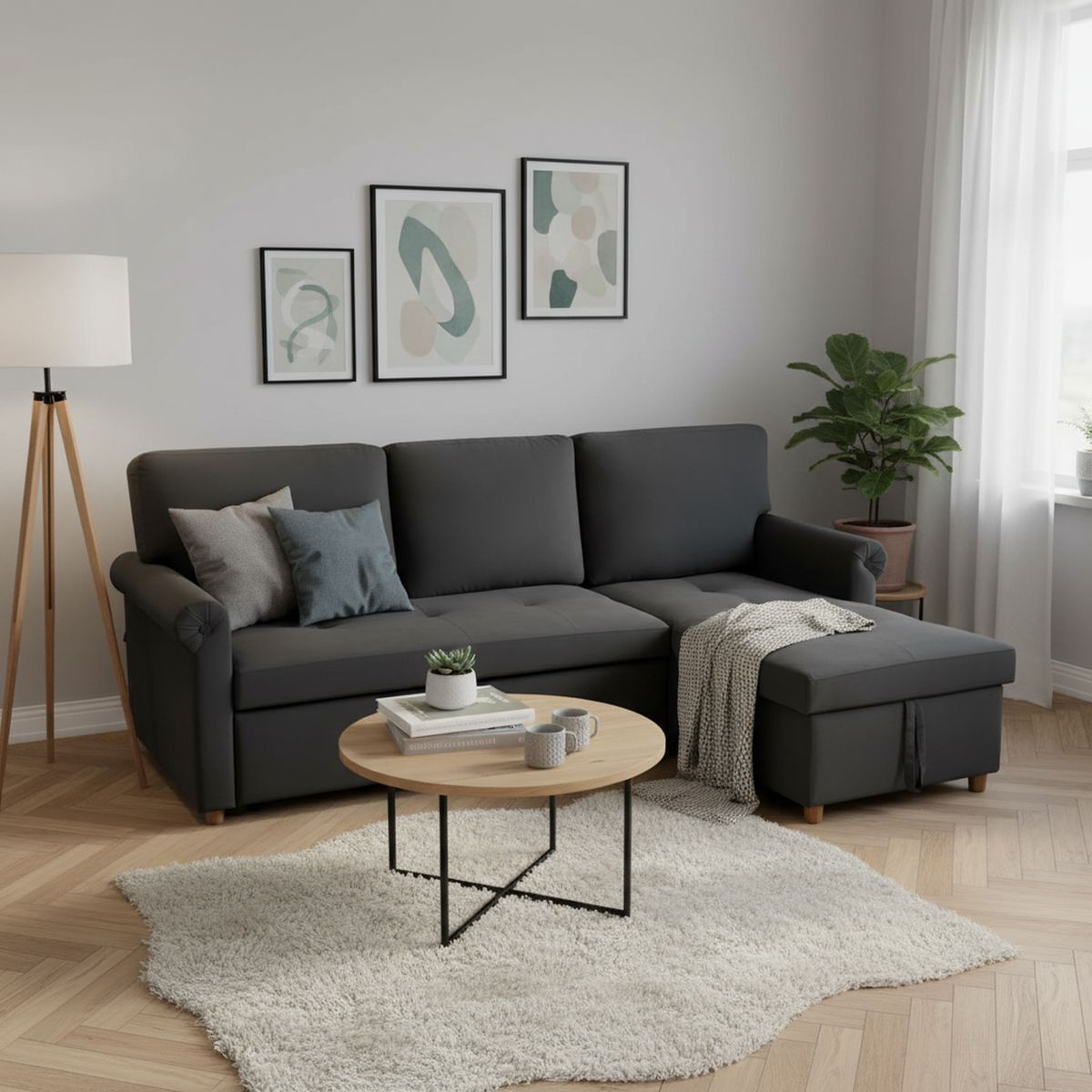 JUST HOME COLLECTION - Sofá Seccional Cama con Almacenamiento Josu Gris 227x146x92 cm