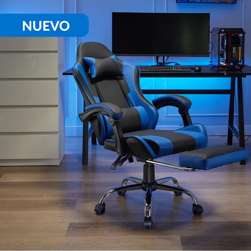 JUST HOME COLLECTION - Silla Escritorio Gamer Masaje Reposapiés Matrix Azul