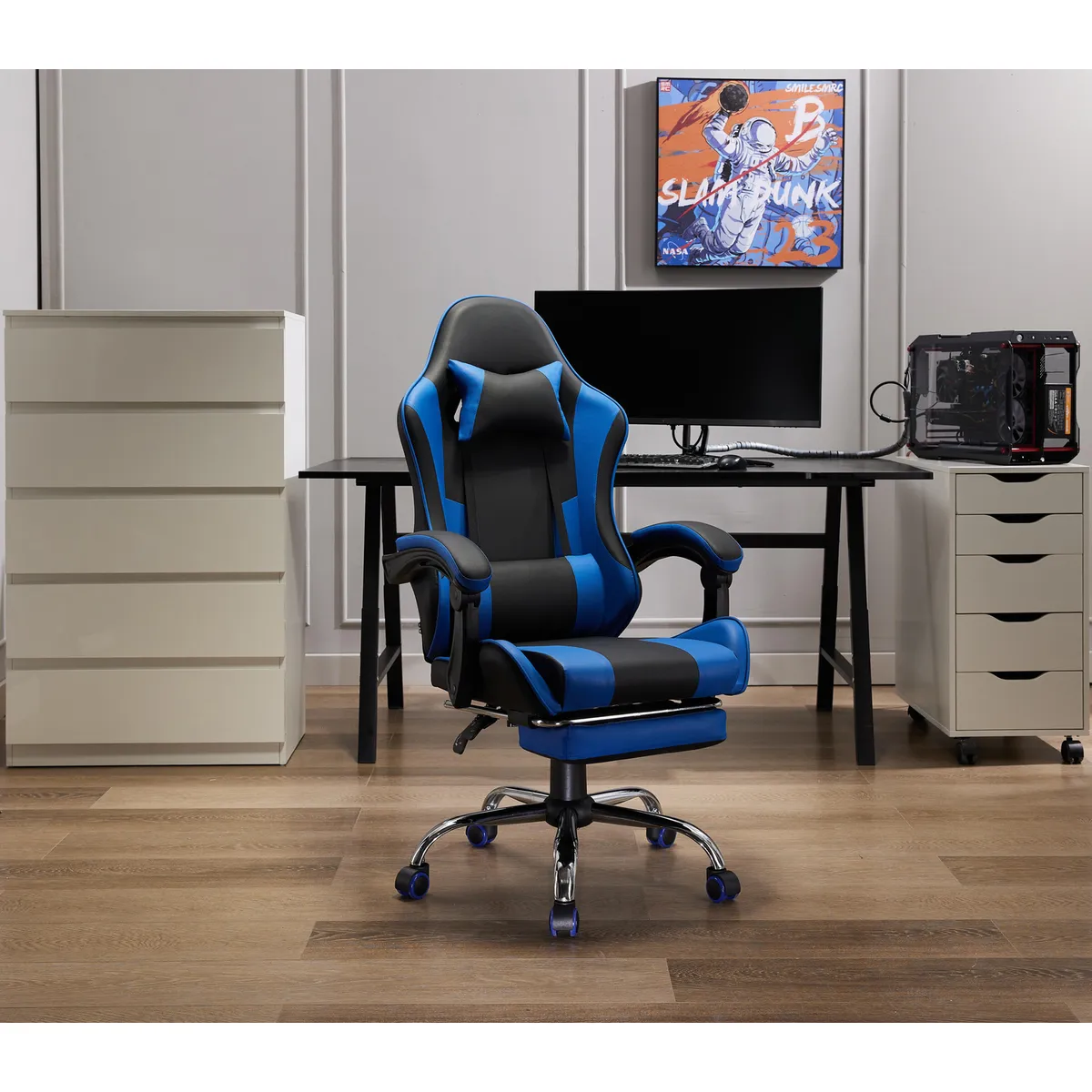 JUST HOME COLLECTION - Silla Gamer Escritorio Masaje Reposapiés Matrix Azul