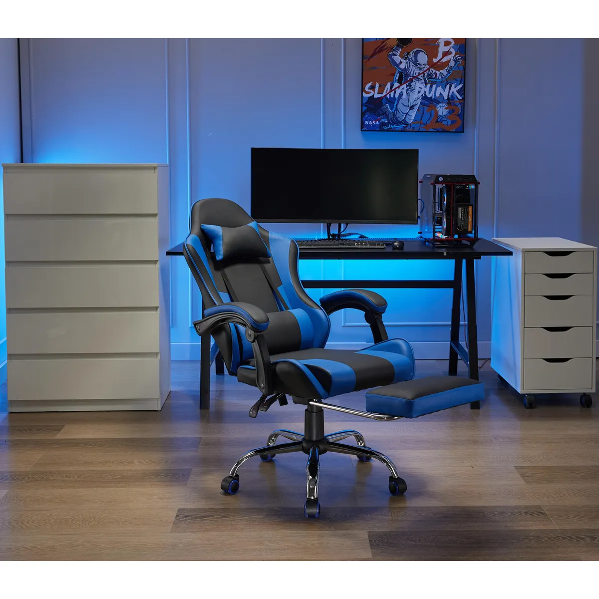 JUST HOME COLLECTION - Silla Gamer Escritorio Masaje Reposapiés Matrix Azul