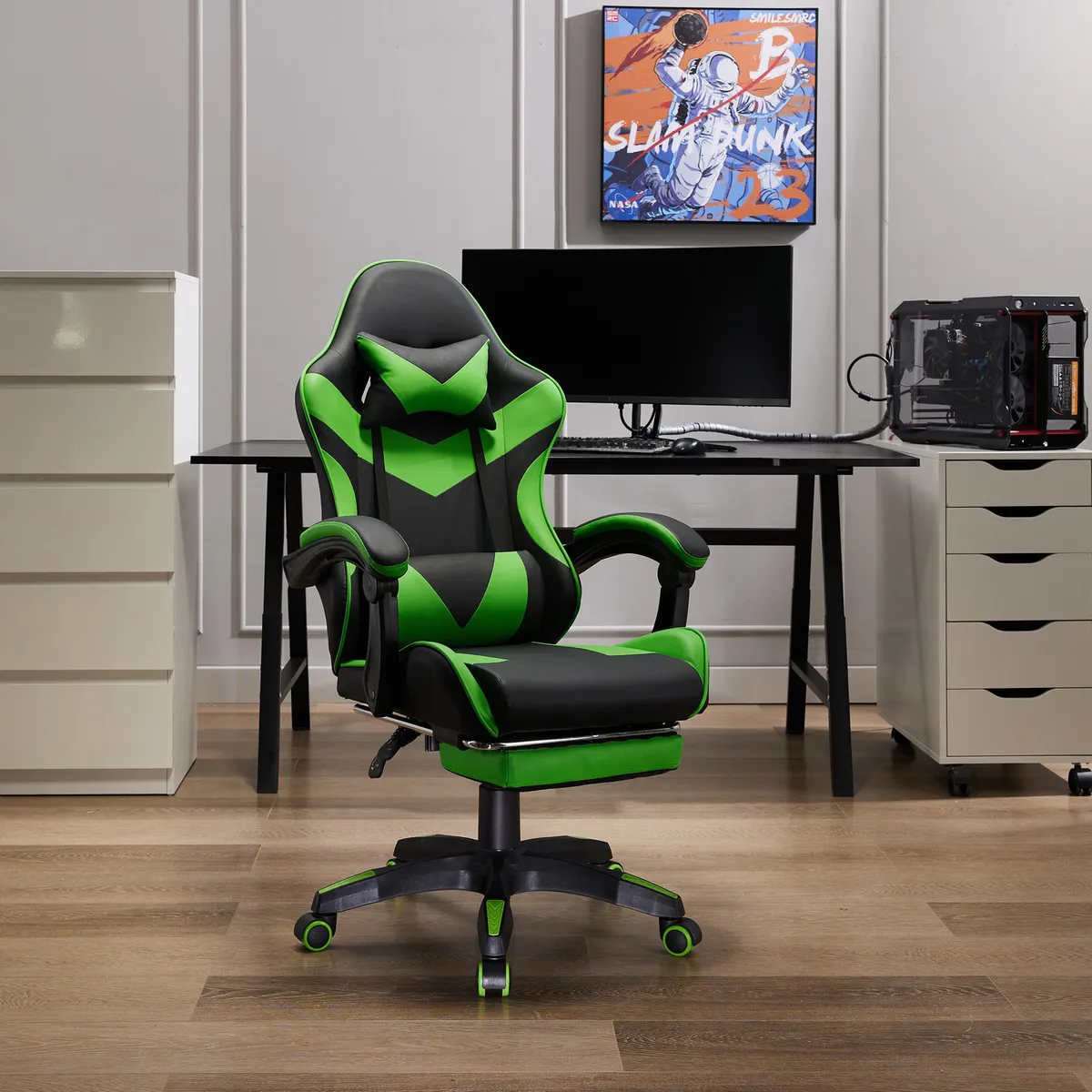 JUST HOME COLLECTION - Silla Gamer Escritorio Reposapiés Trinity Verde/Negro