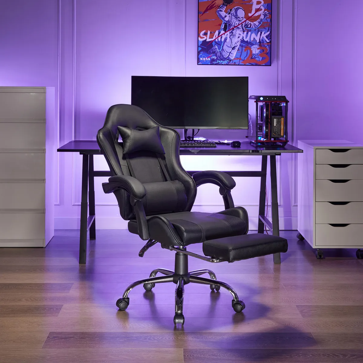 JUST HOME COLLECTION - Silla Gamer Escritorio Masaje Reposapiés Matrix Negro
