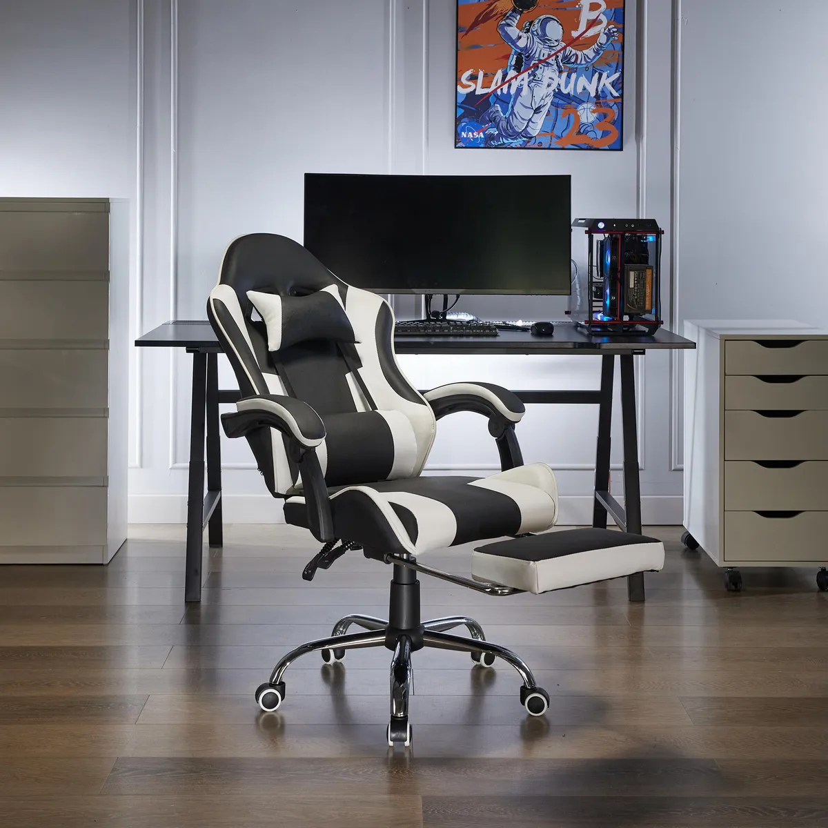 JUST HOME COLLECTION - Silla Gamer Escritorio Masaje Reposapiés Matrix Blanco/Negro