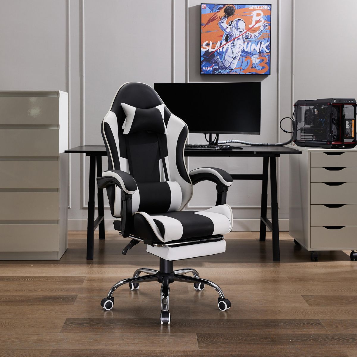 JUST HOME COLLECTION - Silla Gamer Escritorio Masaje Reposapiés Matrix Blanco/Negro