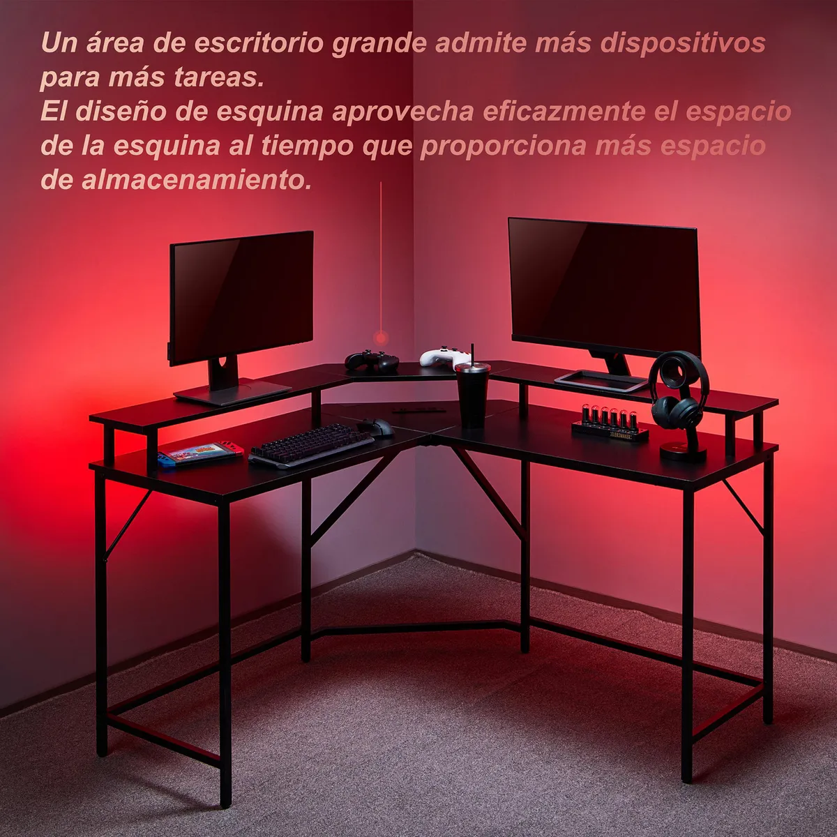 JUST HOME COLLECTION - Escritorio Gamer con Luz Negro 128x86.5x48 cm