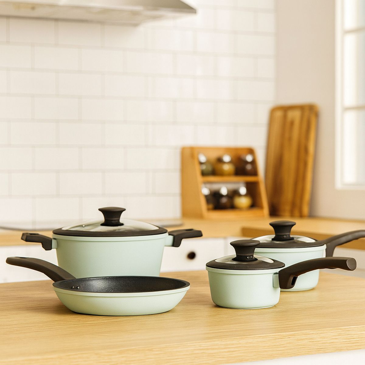 JUST HOME COLLECTION - Batería de Cocina 7 Piezas Aluminio Lisbon Verde