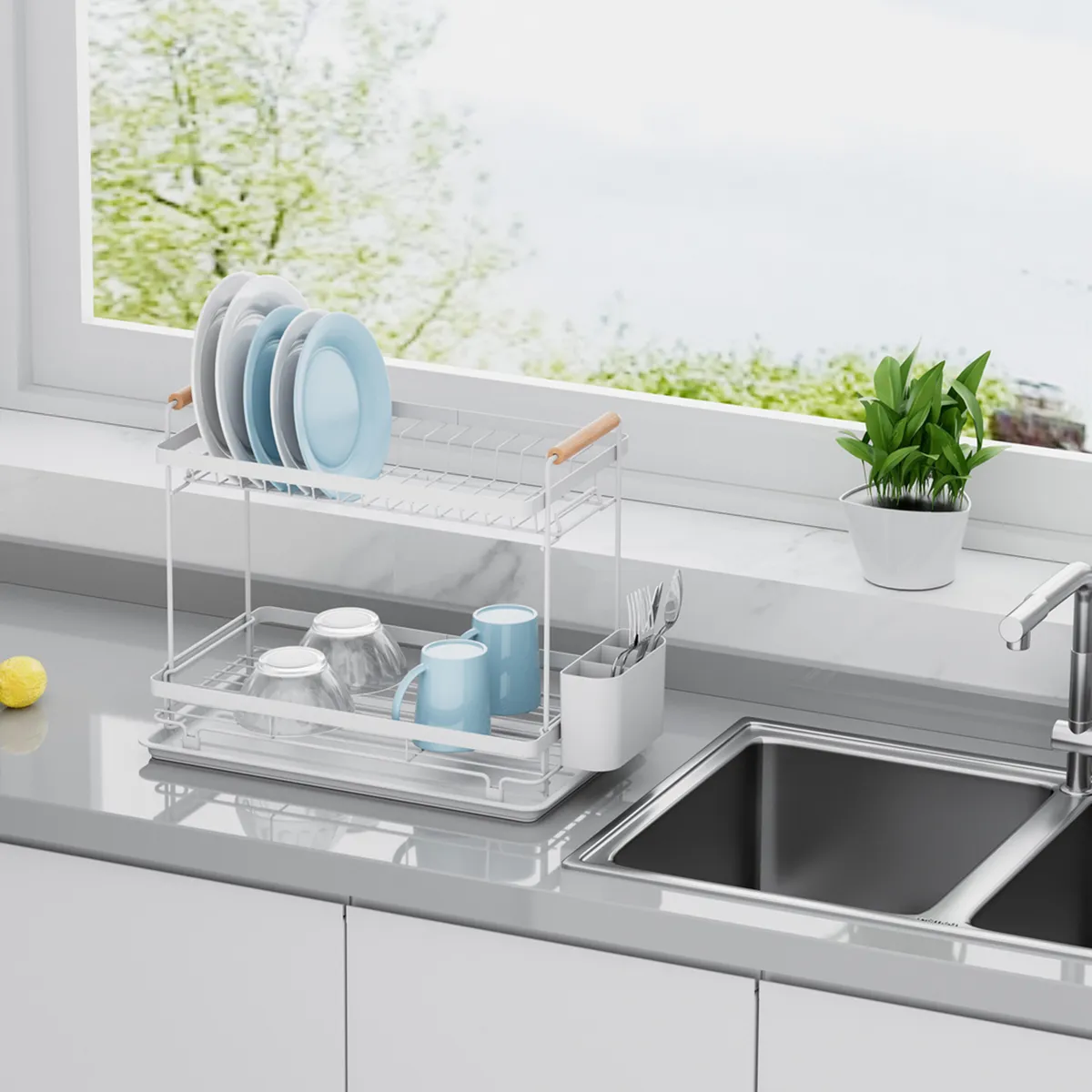 JUST HOME COLLECTION - Secaplatos 2 niveles blanco 42x26x34,2 cm