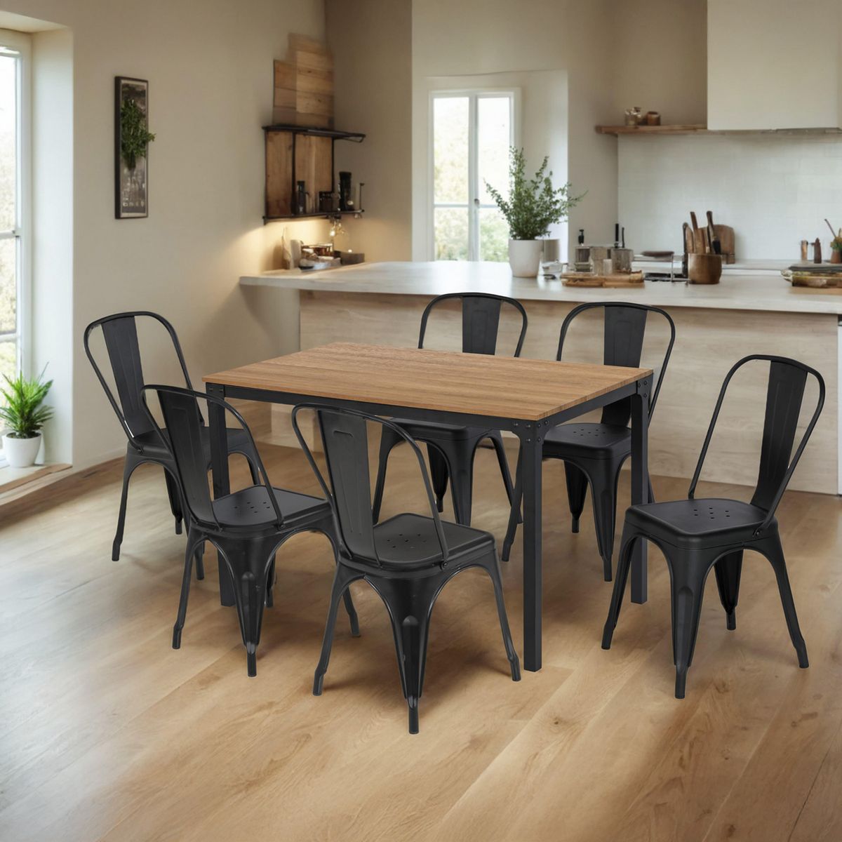 JUST HOME COLLECTION - Juego de Comedor Tolix 6 Sillas Mesa Rectangular 150x80x75 cm Madera