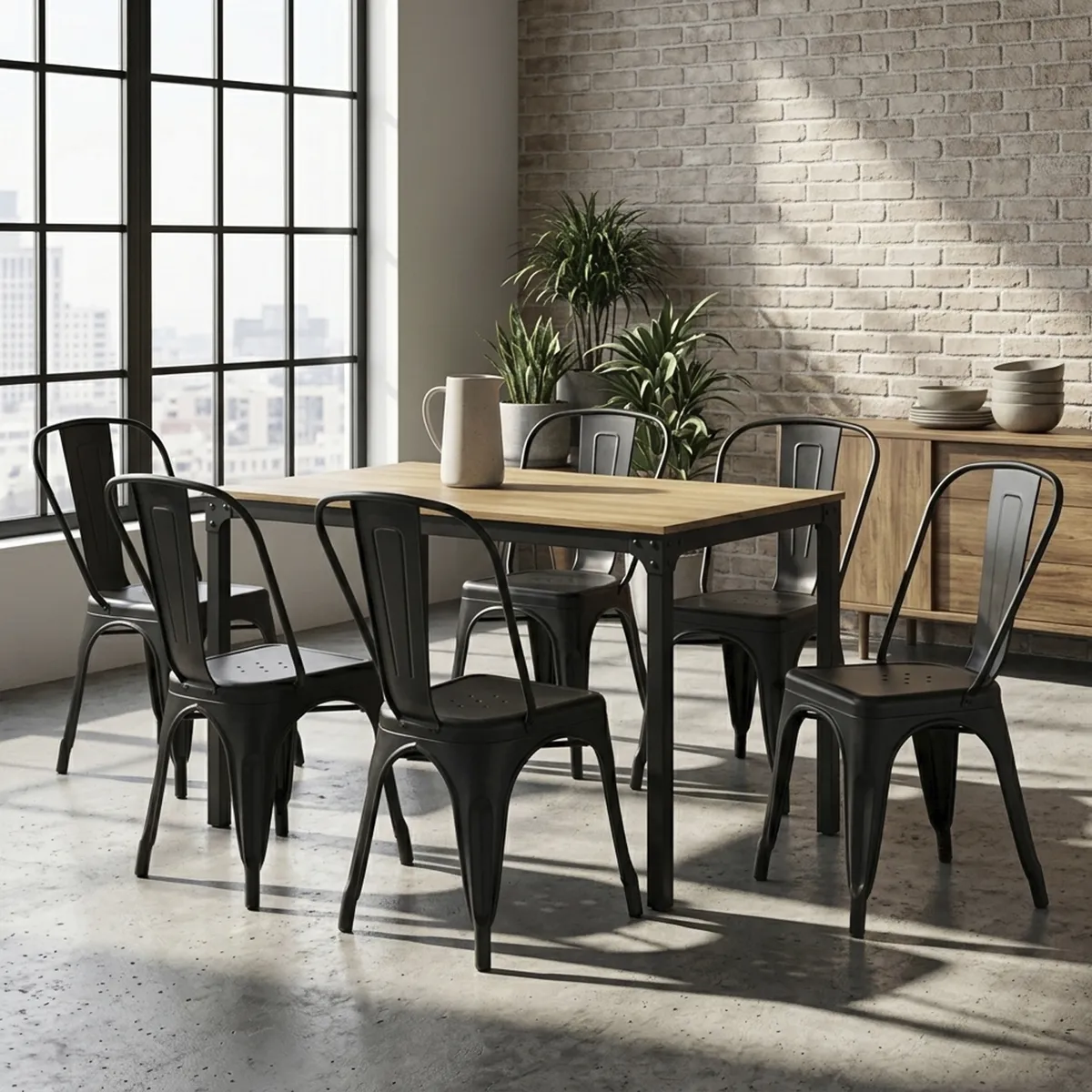 JUST HOME COLLECTION - Juego de Comedor Tolix 6 Sillas Mesa Rectangular 150x80x75 cm Madera