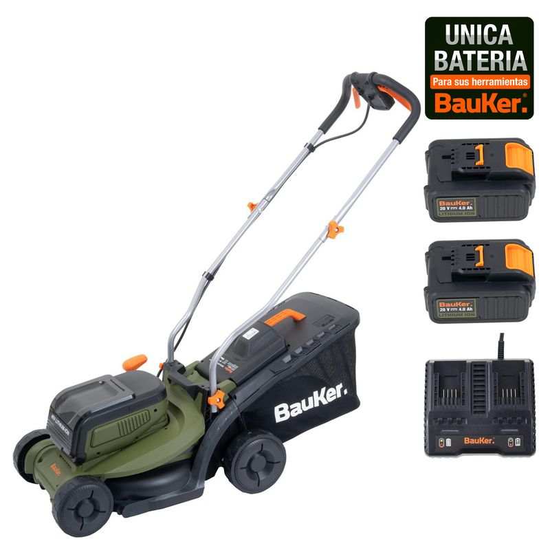 BAUKER - Cortacésped Inalámbrico 20V + 2 Baterías 4 AH + Cargador Doble