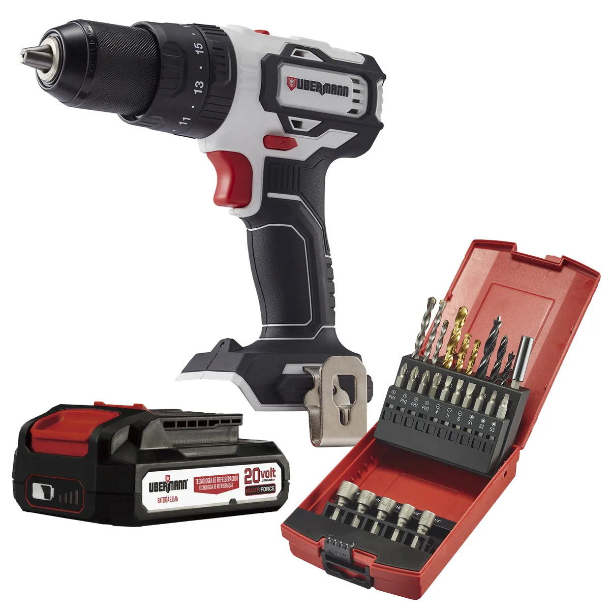 UBERMANN - Taladro Percutor Inalámbrico 13 mm 20 V Brushless+1 Batería 2AH+Cargador+25 Acc