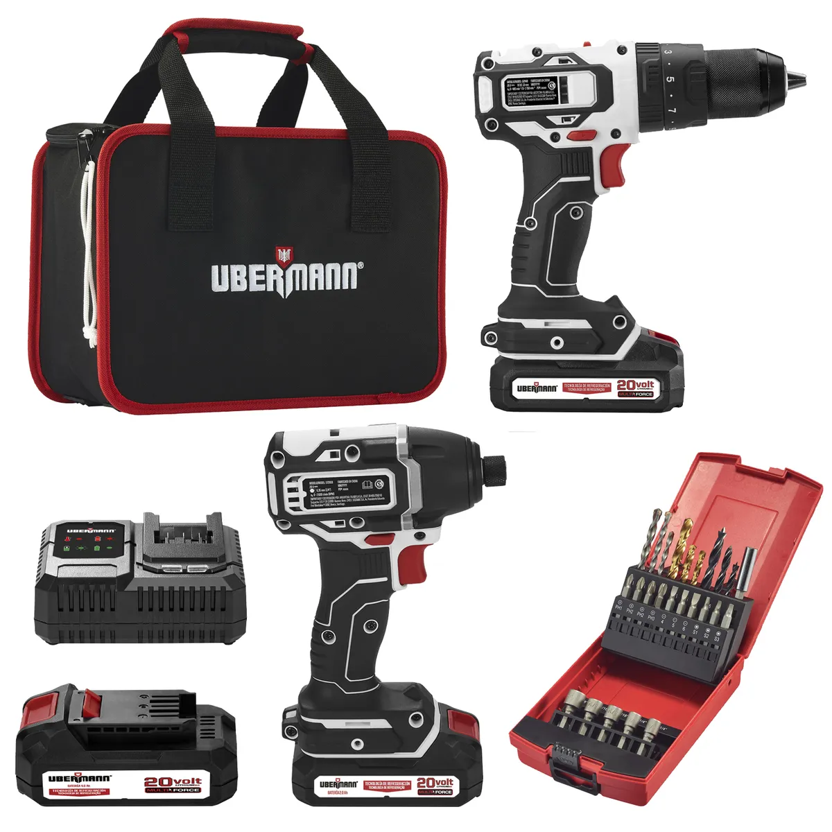 UBERMANN - Kit Taladro Percutor 20V+Atorniillador de Impacto 20V+2 Baterías 2AH+Cargador+25 Acc