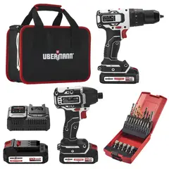 UBERMANN - Kit Taladro Inalámbrico Percutor con Atornillador Impacto 20 V + 2 Batería, cargador y 25 Accesorios