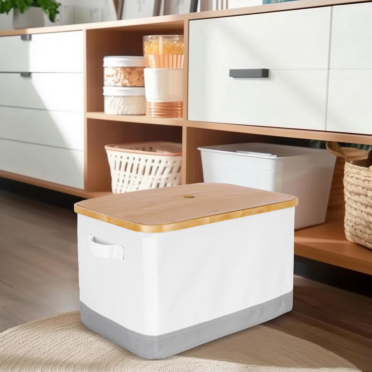 JUST HOME COLLECTION - Organizador de Tela con Tapa 50x30x34 cm Blanco/Gris