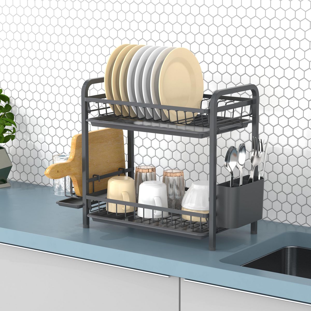 JUST HOME COLLECTION - Secaplatos 2 niveles negro 50,3x25,9x24 cm