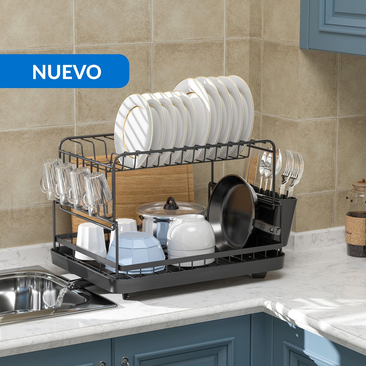 JUST HOME COLLECTION - Secaplatos 2 niveles negro 44x33x26,1 cm