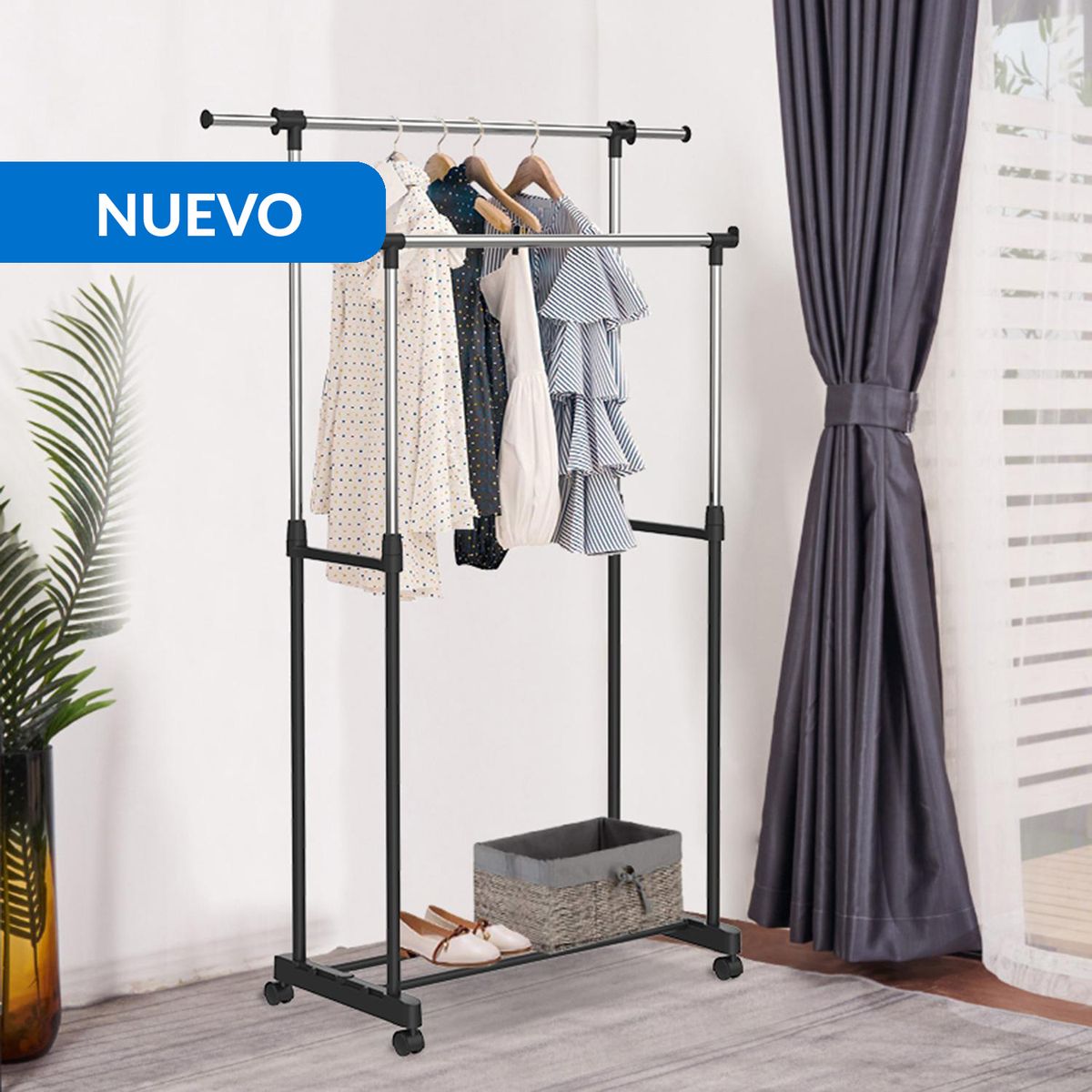 JUST HOME COLLECTION - Perchero Doble Barra con Ruedas Metal Negro