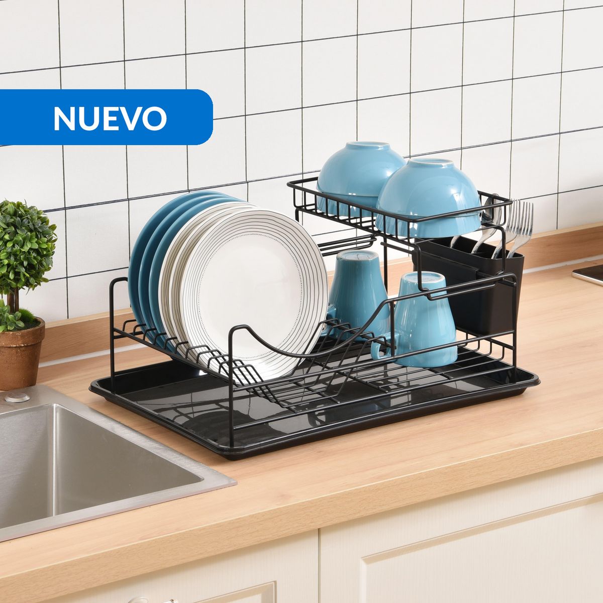 JUST HOME COLLECTION - Secaplatos 2 niveles negro 50,3x25,9x24 cm