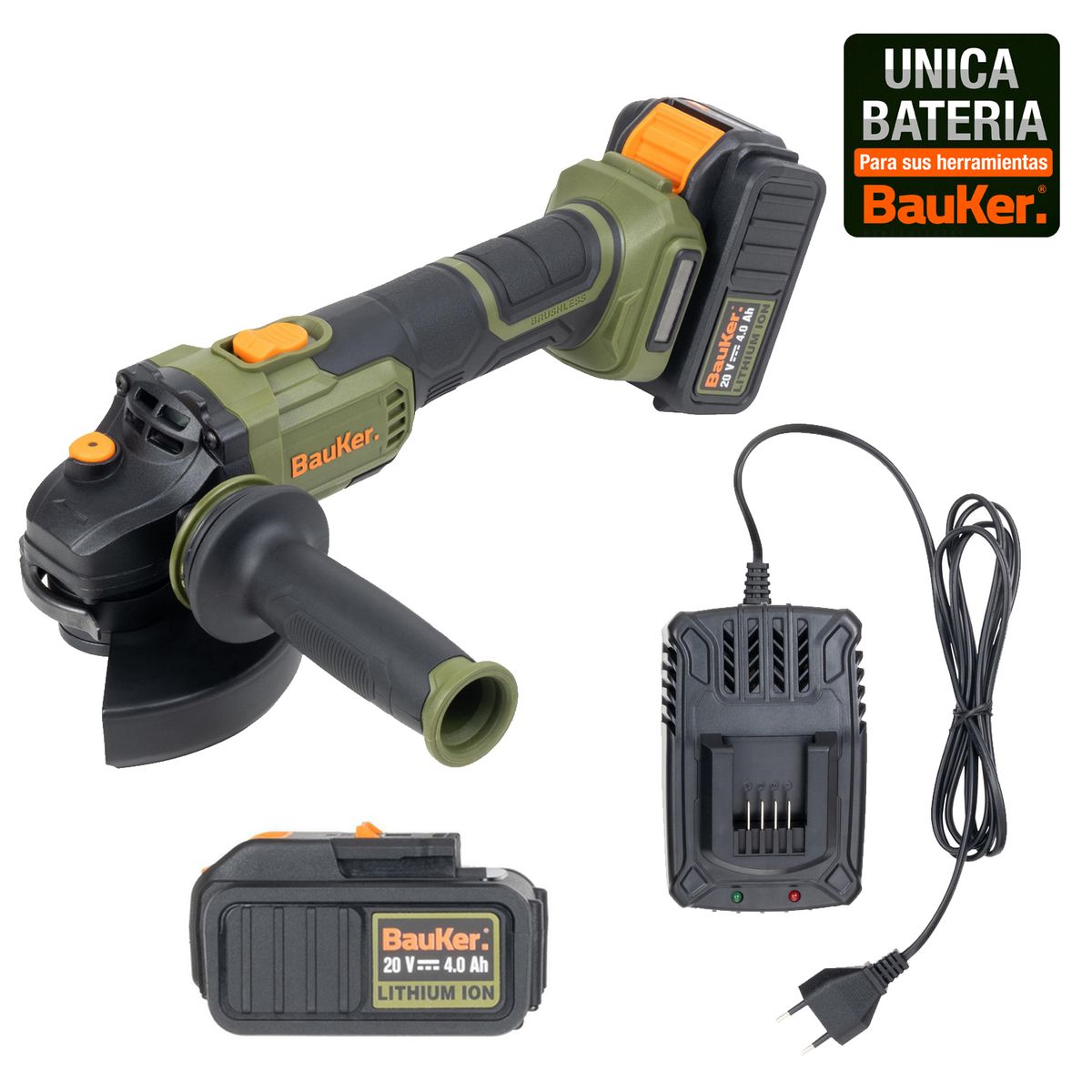 BAUKER - Esmeril 4 1/2"- 5" Inalámbrico 20 V Brushless + 1 Batería 4 AH + 1 Cargador