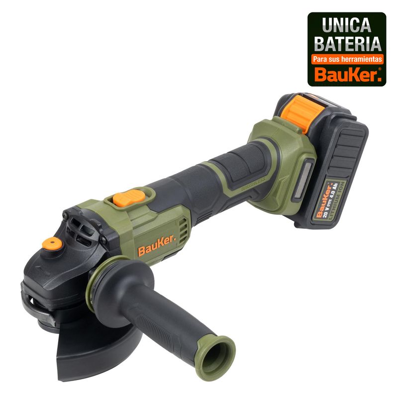 BAUKER - Esmeril 4 1/2"- 5" Inalámbrico 20 V Brushless + 1 Batería 4 AH + 1 Cargador