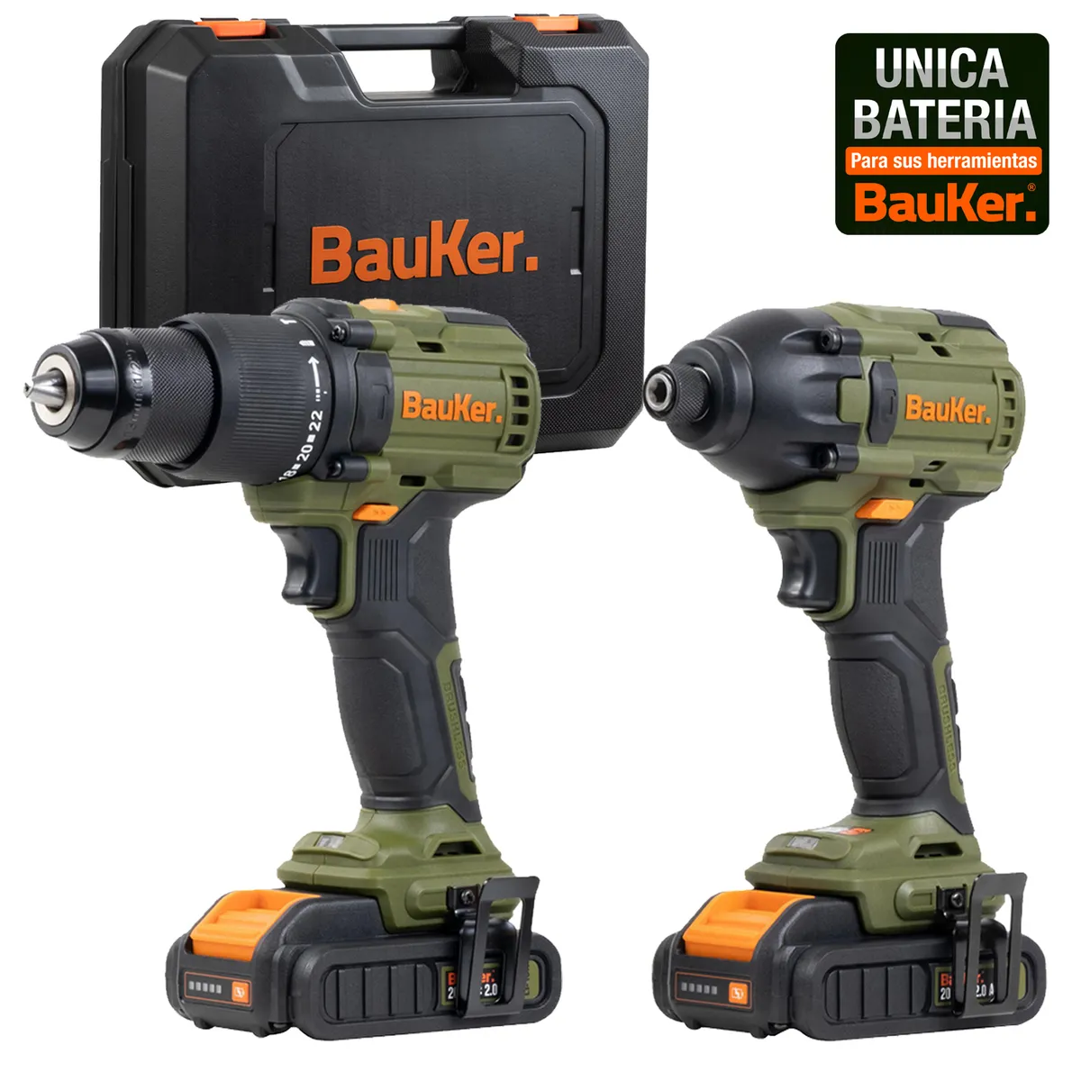 BAUKER - Kit Taladro Percutor 13 mm 20 V+ Atornillador Impacto 20 V +2 Baterías 2 AH + Cargador