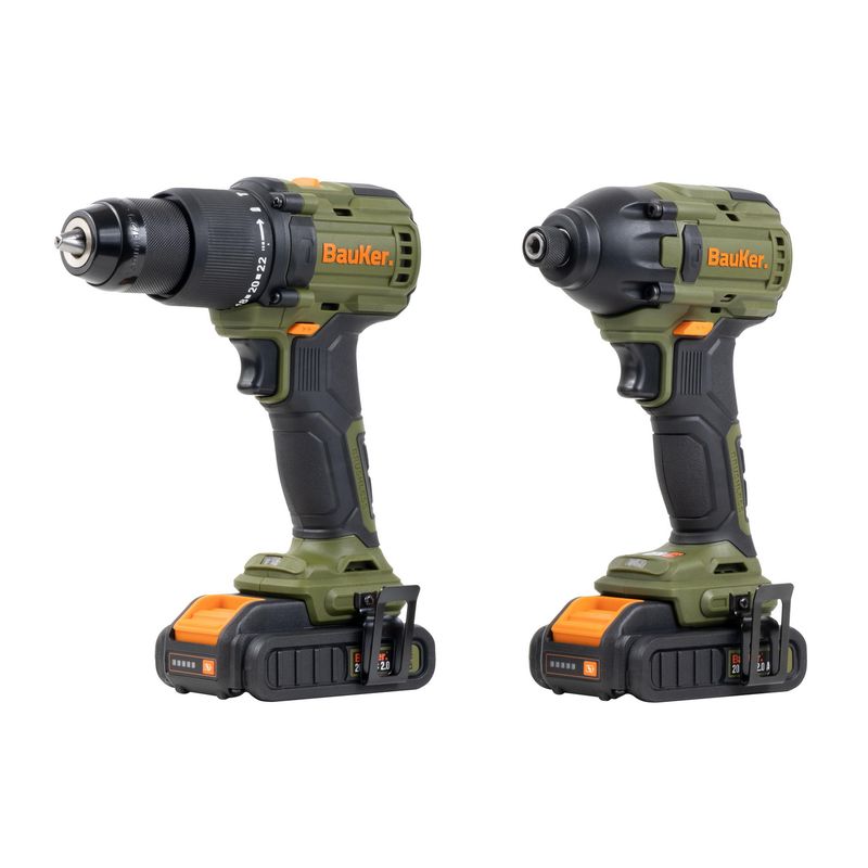 BAUKER - Kit Taladro Percutor 13 mm 20 V+ Atornillador Impacto 20 V +2 Baterías 2 AH + Cargador