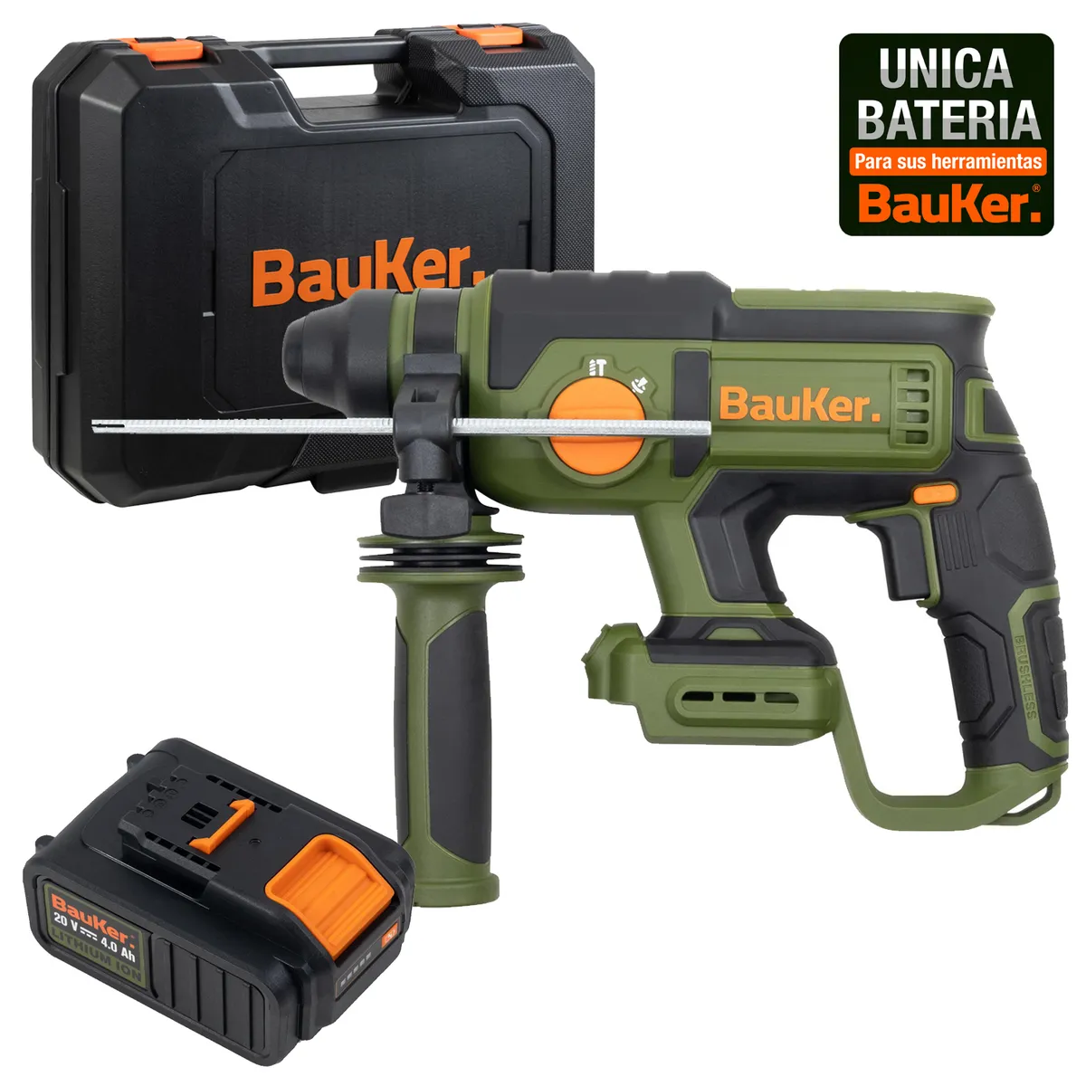 BAUKER - Rotomartillo SDS Plus Inalámbrico 20 V Brushless + 1 Batería 4 AH + Cargador