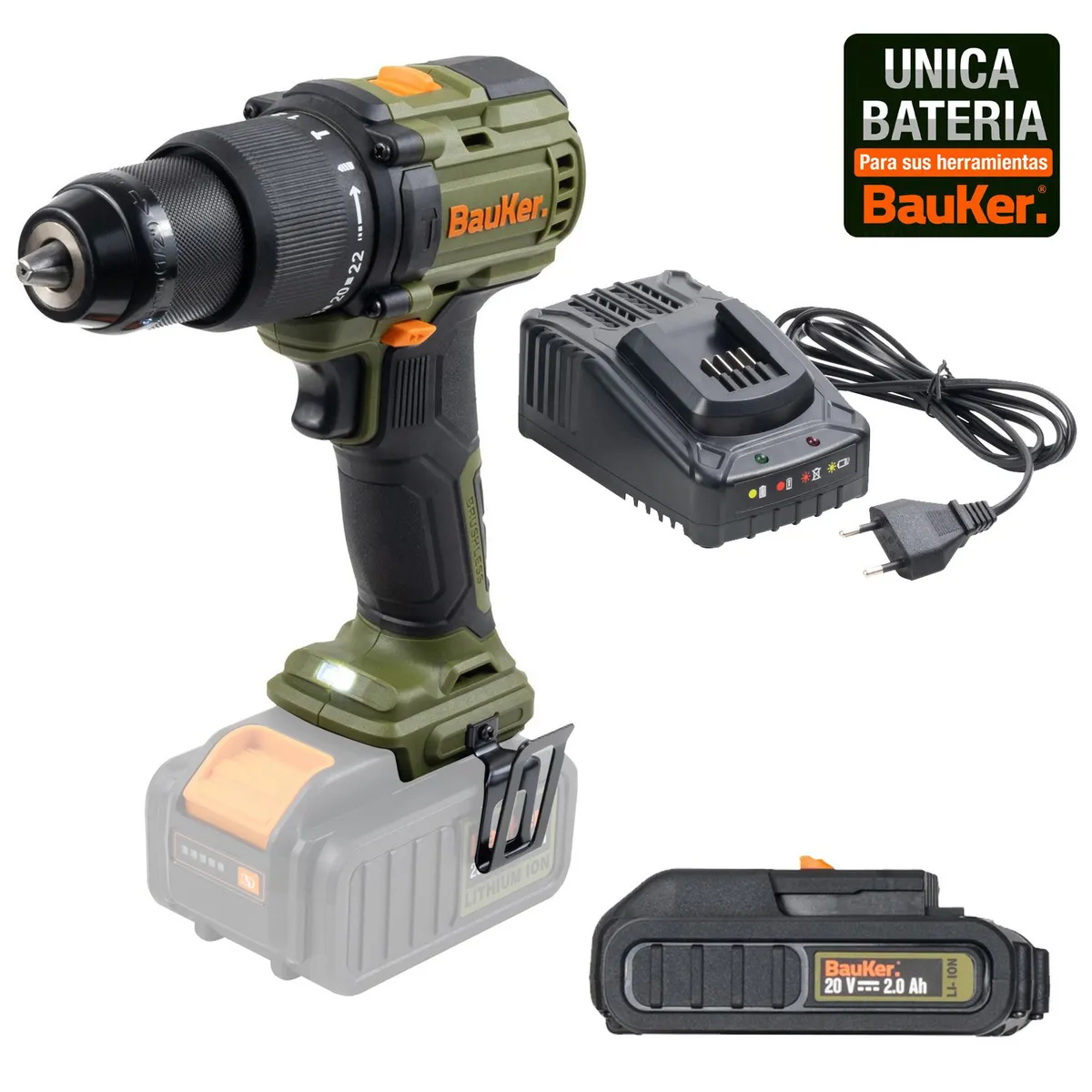 BAUKER - Taladro Percutor Inalámbrico 13 mm 20 V Brushles + 1 Batería 2AH + Cargador