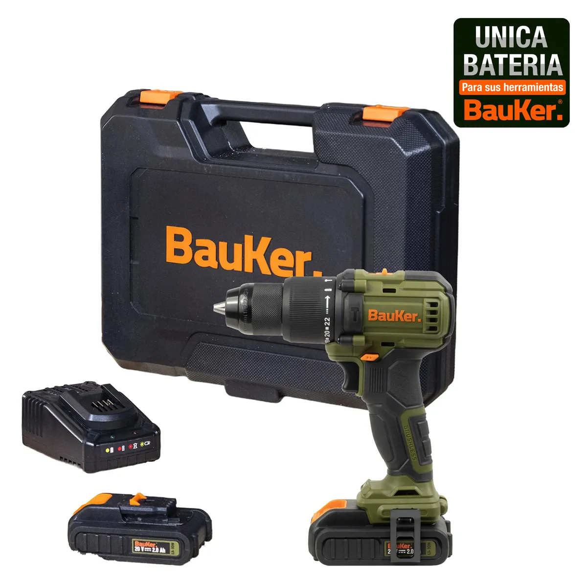 BAUKER - Taladro Percutor 13mm 20 V + 2 Baterías 2 AH + Cargador 