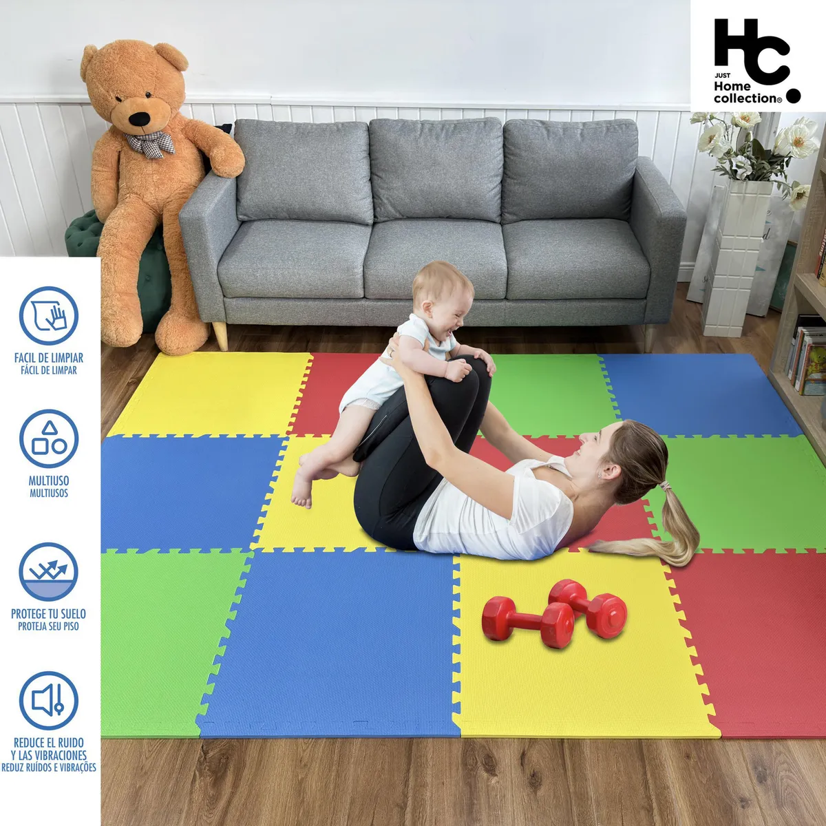 JUST HOME COLLECTION - Alfombra Puzzle 120x120 cm Polietileno Rojo, Verde, Azul, Amarillo